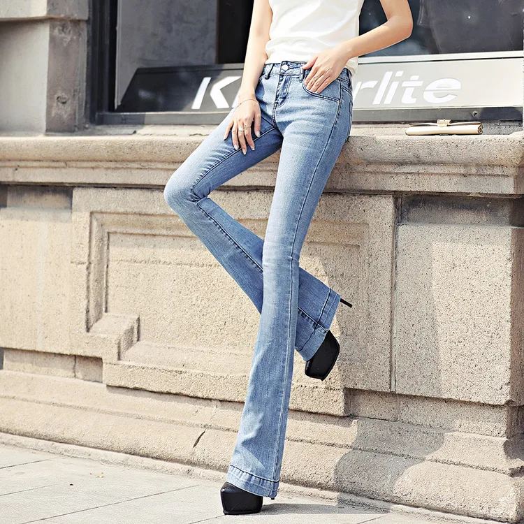 uun'reds/音率网红晓凤同款中低腰浅蓝微喇牛仔裤弹力修身小喇叭