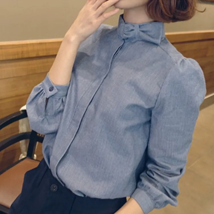 2025春秋新款薄款修身显瘦别致长袖细条纹立领蝴蝶结衬衫女复古