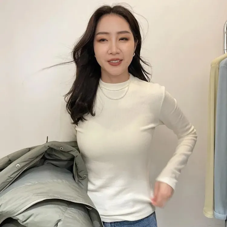 秋冬新款小立领加绒半高领打底衫女修身弹力长袖上衣内搭9585-1