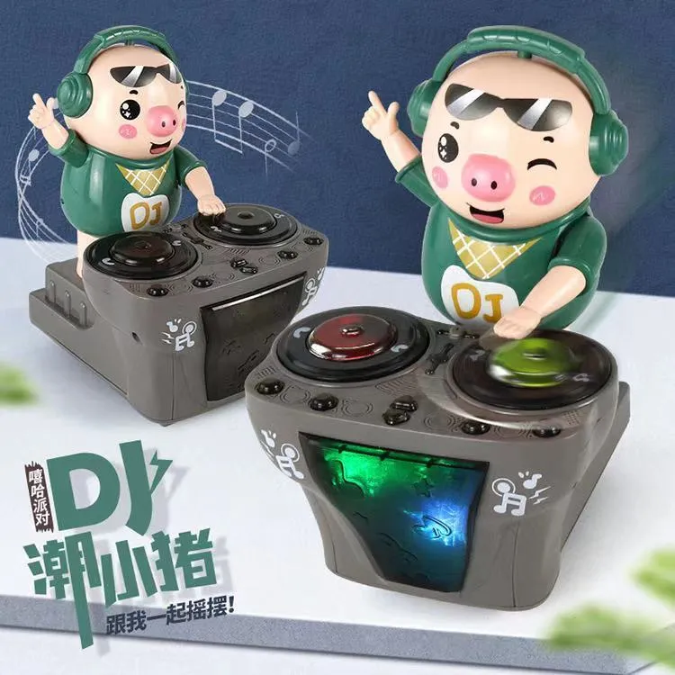 新款DJ打碟小猪摇摆吧台炫彩灯光动感音乐摇滚猪男孩女孩儿童玩具