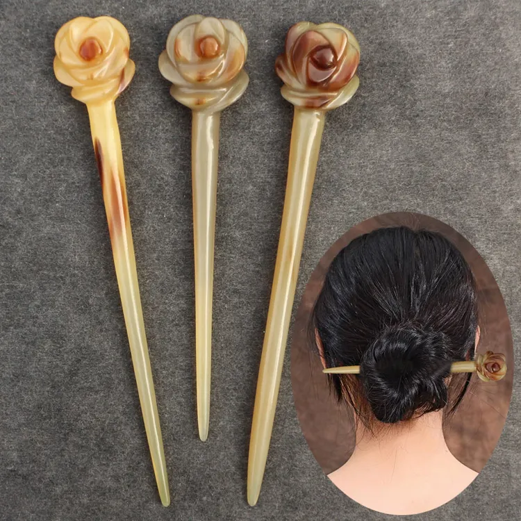 牛谷之森牛角发簪中国风盘发丸子头手工雕玫瑰花簪子长14~17CM