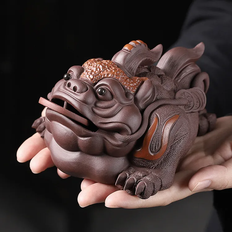 紫砂大金蟾茶宠可养招财茶玩茶台配件茶桌手工雕塑三足金蟾蜍摆件