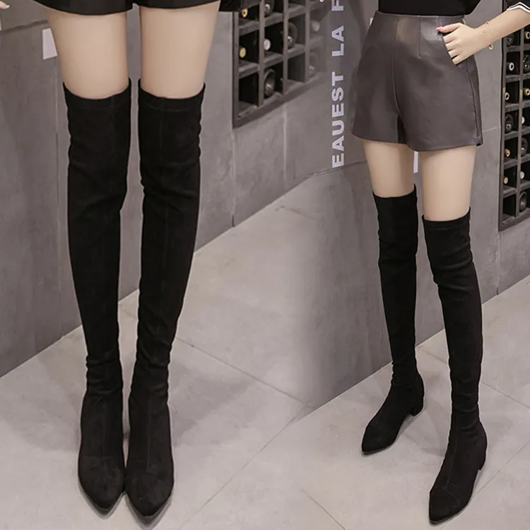 2025秋冬平跟高筒过膝长靴瘦腿女靴平底尖头高筒靴弹力布靴子女靴