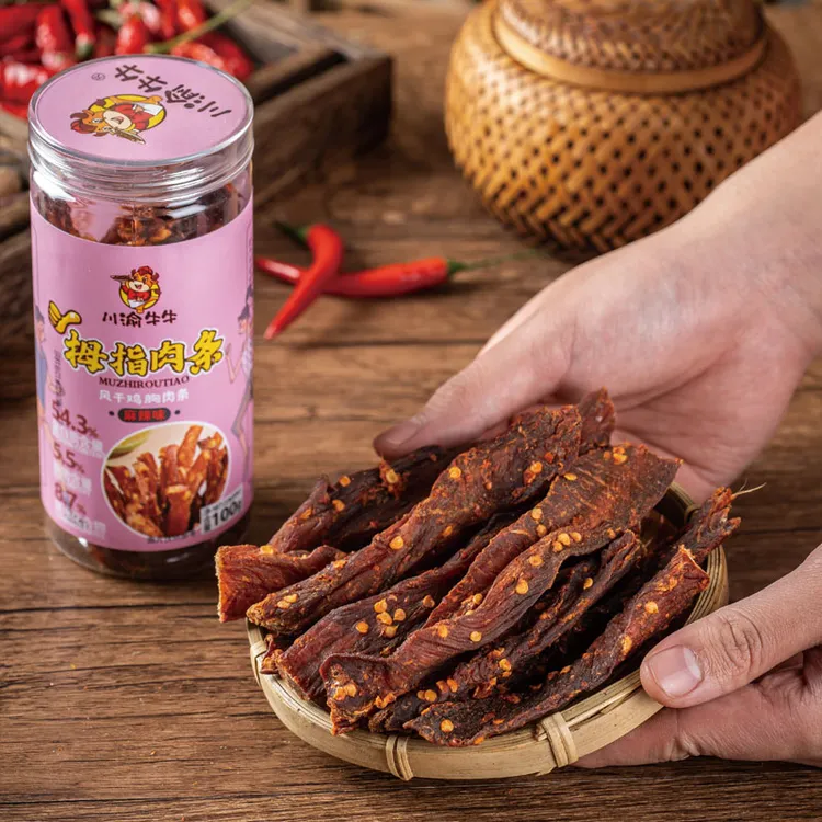 手撕风干鸡肉干100g五香麻辣鸡胸肉条罐装高蛋白办公室小零食大袋