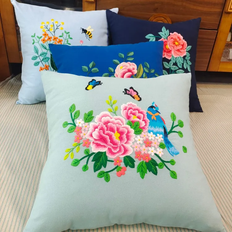 抱枕手工DIY材料包刺绣靠背鲁绣靠枕客厅靠背家居布艺花鸟