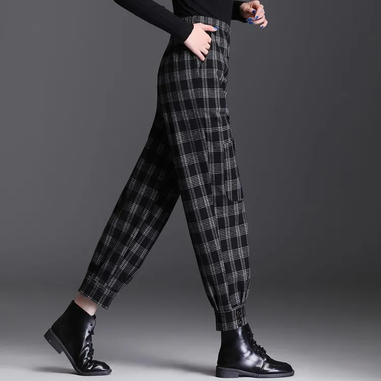 秋冬宽松显瘦高腰毛呢格子哈伦裤女小个子束脚萝卜裤直筒休闲百搭