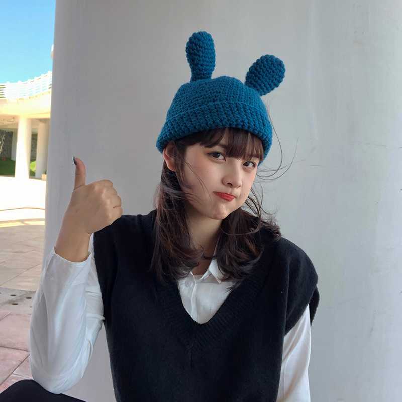 艾佳微手工钩针卖萌可爱甜美兔耳朵毛线帽子女秋冬复古保暖针织帽