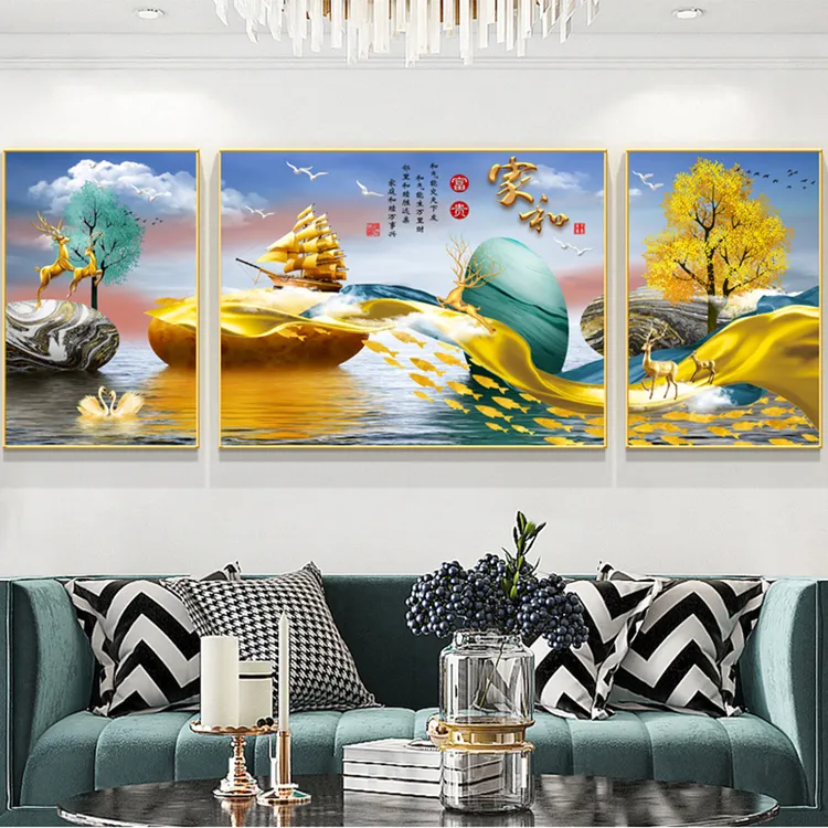 顺丰直发【晶瓷镶钻】轻奢现代沙发背景墙装饰挂画客厅三联画壁画