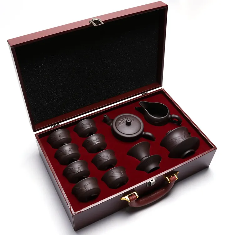 景盛堂紫砂茶壶功夫茶具套装皮箱礼盒礼品箱竹13头品茗杯盖碗刻字