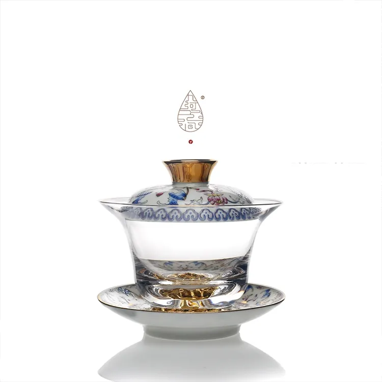 珐琅彩玻璃盖碗防烫藏金三才盖碗家用泡茶碗茶具金箔水晶手工