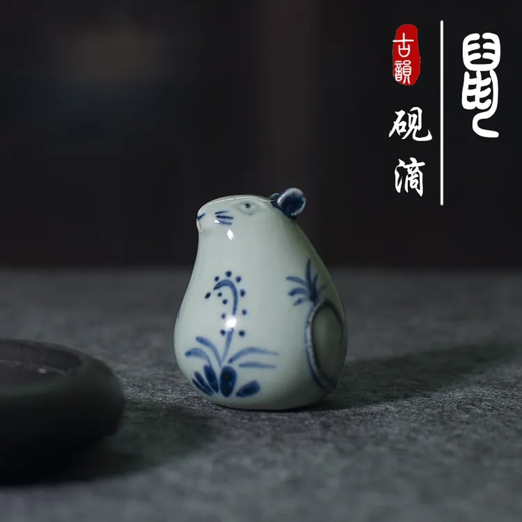 可爱鼠陶瓷手绘砚滴文房四宝书法水盂水丞注砚台研磨墨国画水滴壶