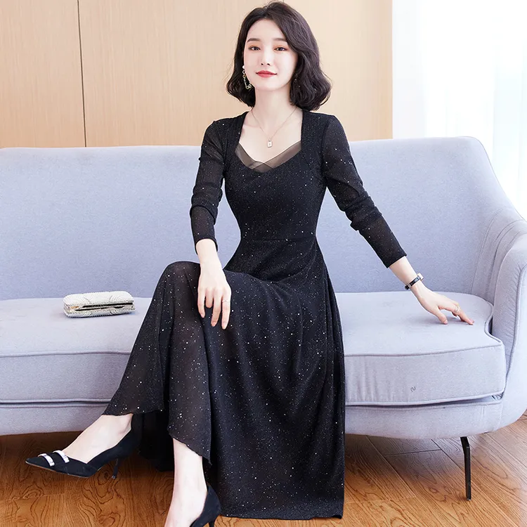 A331网纱连衣裙女长袖2025新款春秋长款显瘦时尚气质长款印花裙子