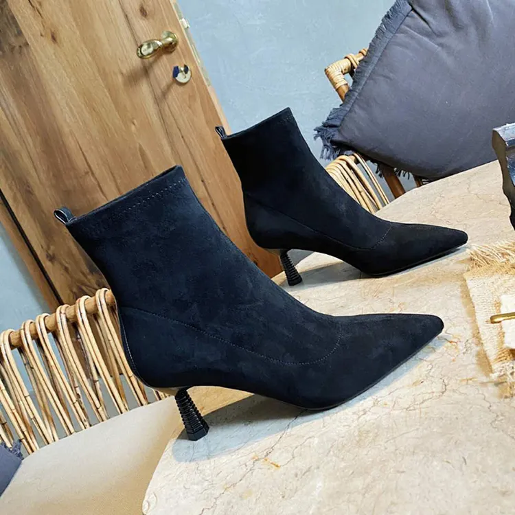 小贝家6cm时装靴20173绒面短靴踝靴百搭细跟尖头瘦瘦靴高跟女靴