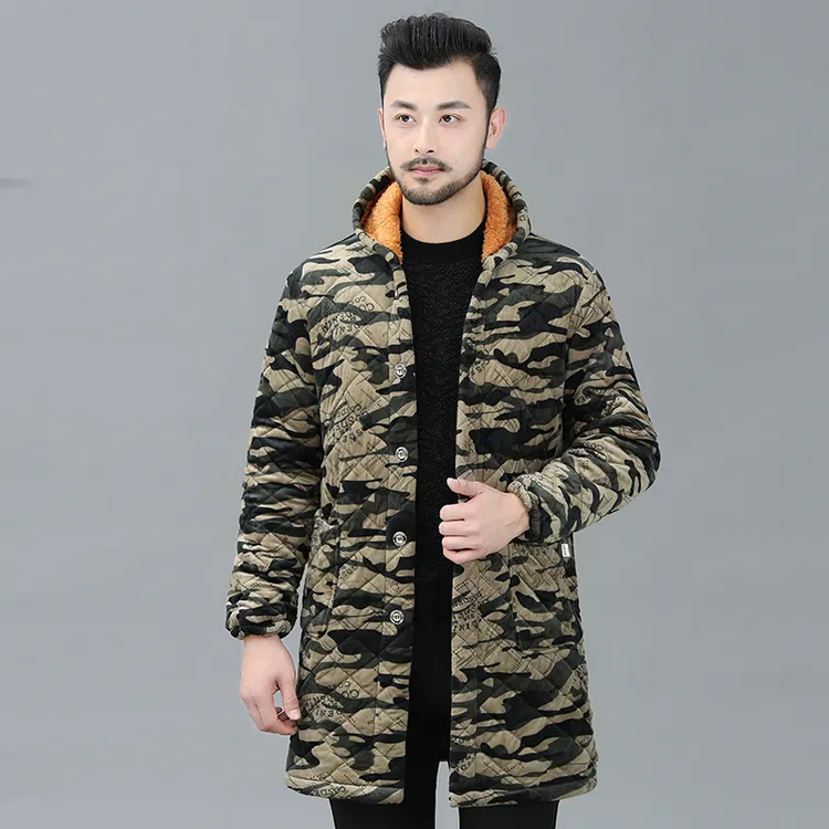 六荷秋冬长款耐磨免烫棉衣保暖加绒中长款迷彩长袖加厚棉服秋冬