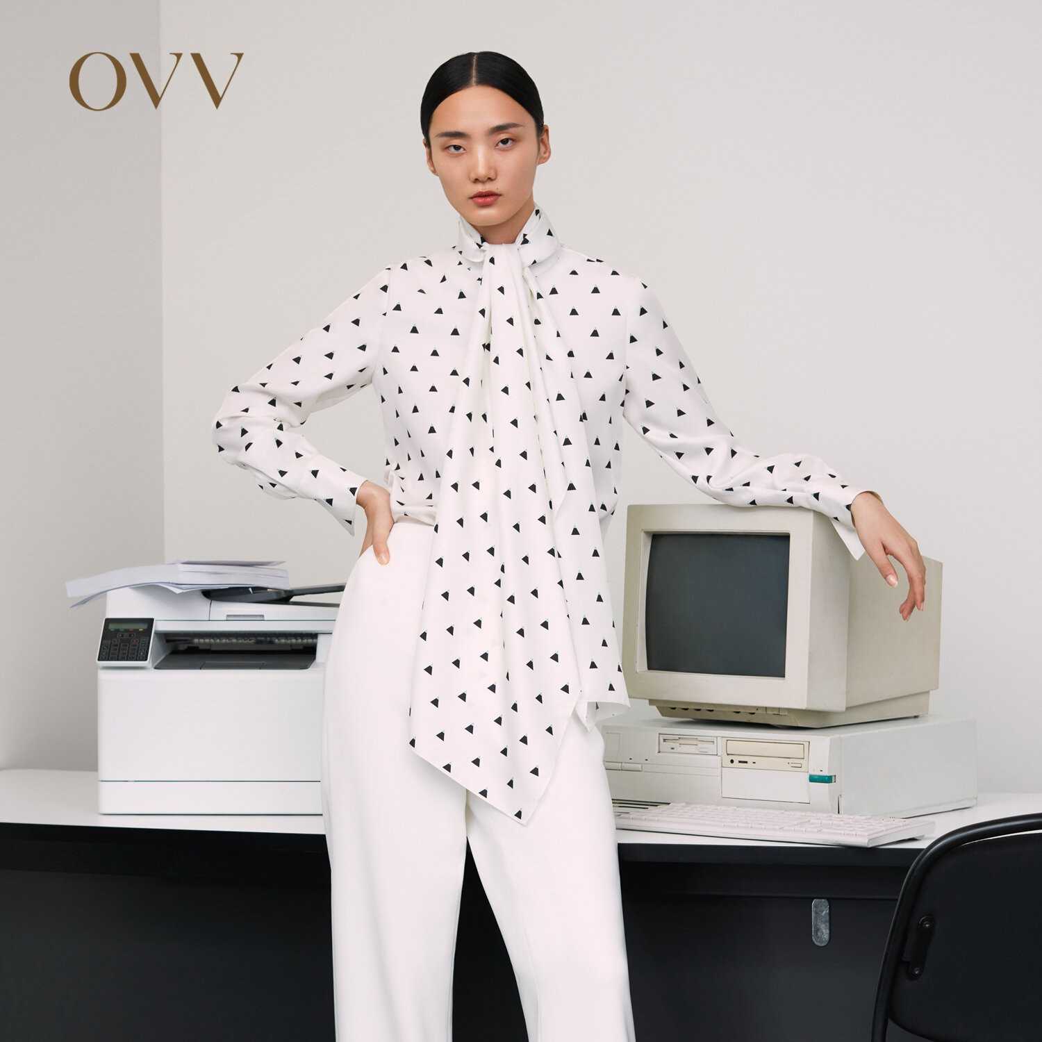 OVV秋冬16MM可拆飘带花边领印花波点时尚休闲真丝衬衫GNEAJ30101A