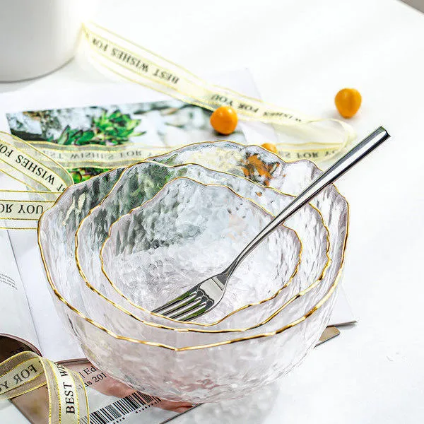 【网红玻璃水果盘】三件套日式锤纹冰川水果沙拉碗创意玻璃碗套装