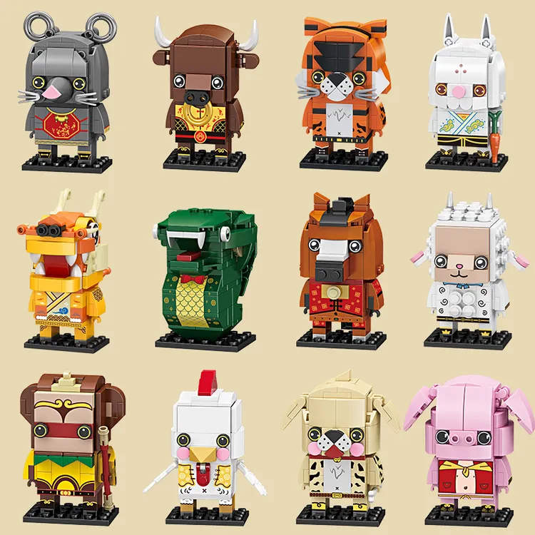 动物十二生肖鼠兔蛇虎羊马猪松鼠企鹅柯基浣熊小颗粒积木拼装玩具