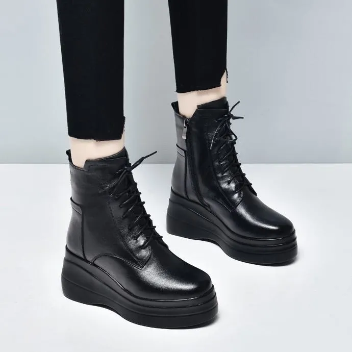 松糕厚底坡跟防滑冬季圆头加绒增高马丁靴百搭真皮厚底鞋8-10厘米