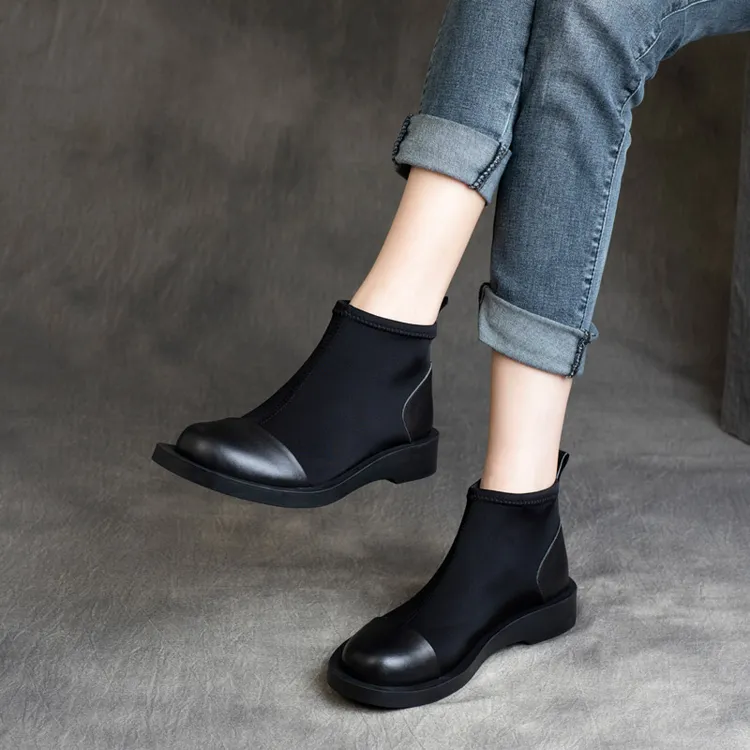 2025年秋冬新款森女帅气真皮拼色套脚平底单鞋英伦风弹力靴短靴女