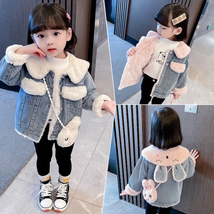 女童小兔子加绒牛仔外套