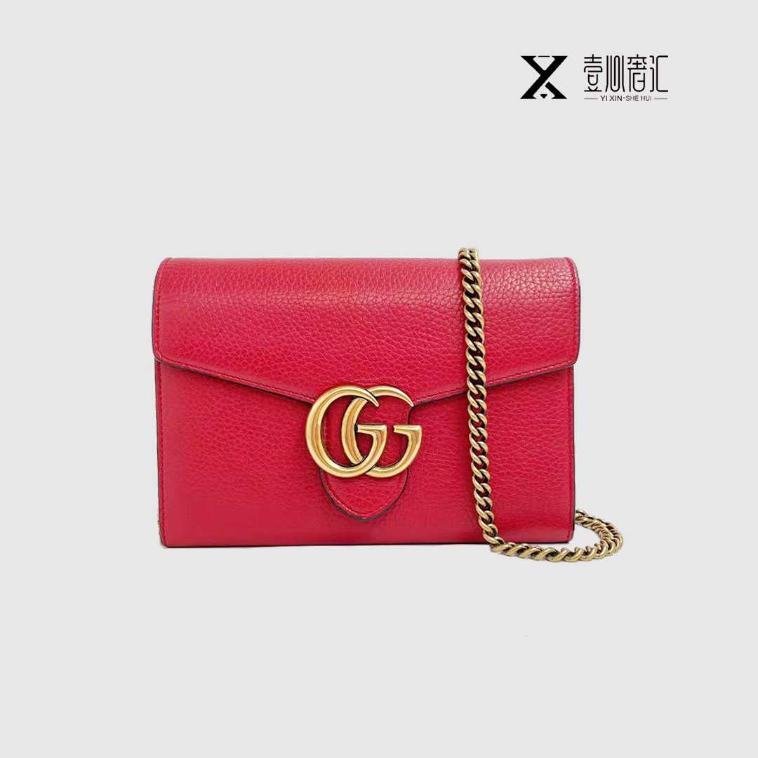 95新 YIXINSHEHUI 壹心闲置GUCCI古驰红色牛皮woc斜挎包/G2009611