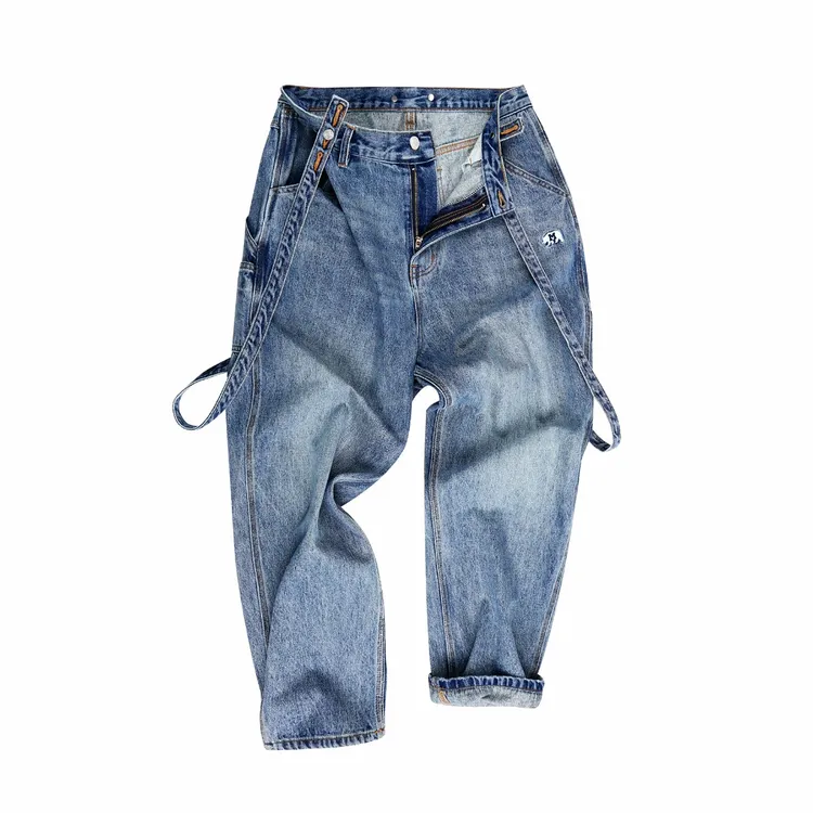 MCREW CABEAR秋冬新品刺绣logo洗水重磅做旧宽松阔腿背带牛仔裤