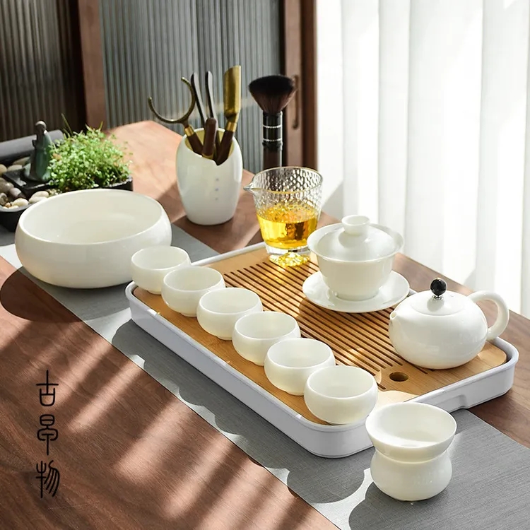 德化白瓷三才盖碗羊脂玉功夫茶具套装家用小套客厅简约泡茶壶茶杯