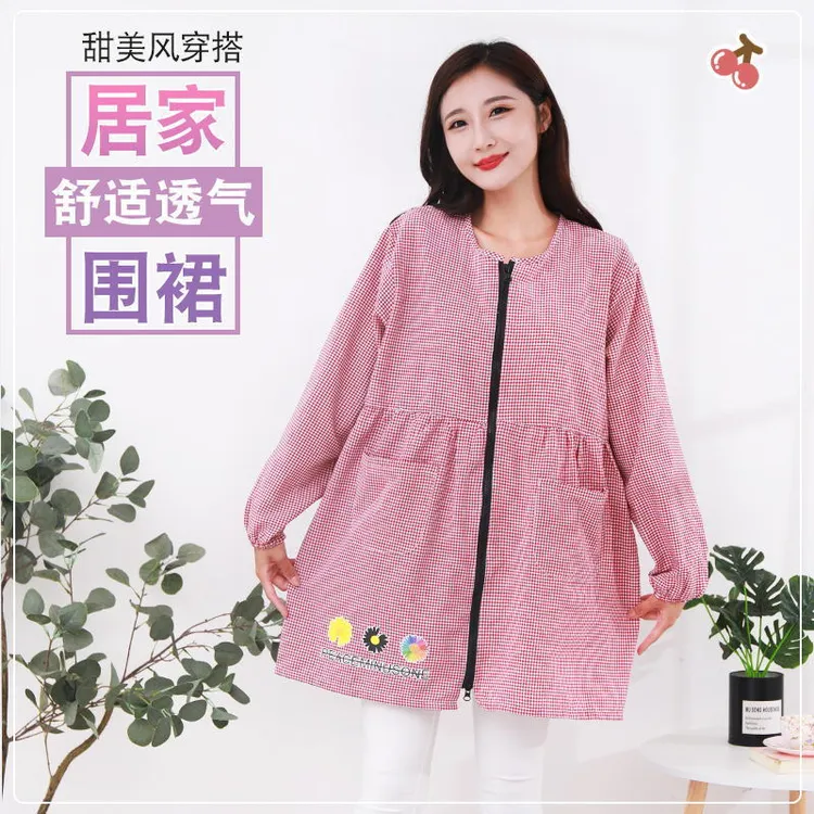 韩版纯棉长袖围裙网红同款成人女防油污做饭工作服罩衣正穿拉链款