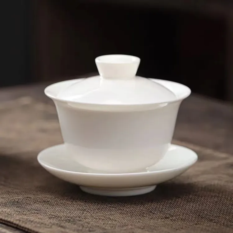 羊脂玉瓷盖碗白瓷三才盖碗防烫大容量悬停盖碗功夫茶具高档茶盖碗商品图