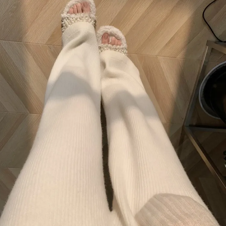 白色裤子女气质高腰显瘦直筒垂感条纹针织阔腿裤新款秋冬休闲长裤