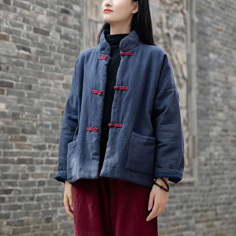 2024冬中国风棉麻女装宽松加厚纯色亚麻盘扣加棉短款棉衣保暖中式