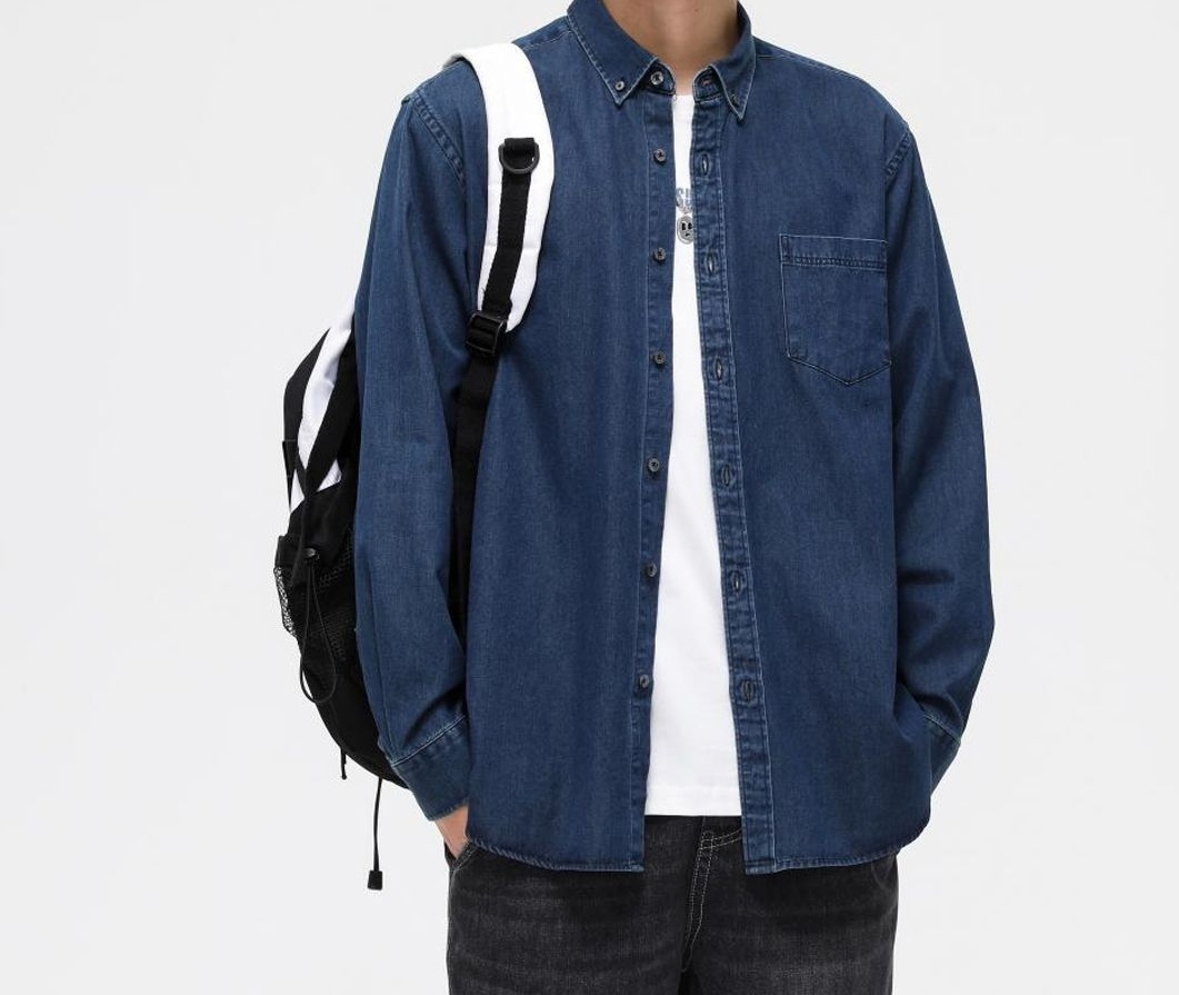 100棉牛仔翻领长袖衬衫休闲秋季水洗春秋牛仔衬衫男牛仔衬衫