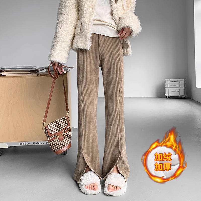 米诺狄灯芯绒开叉微喇裤女秋冬加绒加厚高腰雪尼尔小个子拖地裤潮