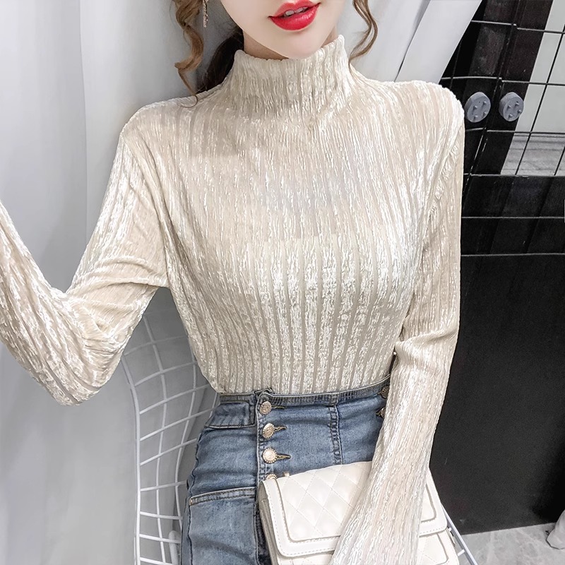 米诺狄金丝加绒半高领打底衫女秋冬内搭上衣小香风高级感长袖T恤