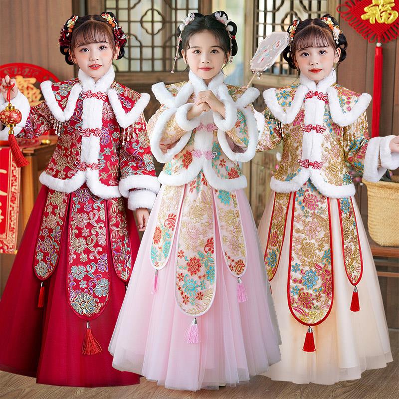 汉服女童冬季裙子2024新款儿童拜年服冬装连衣裙秋冬款新年公主裙