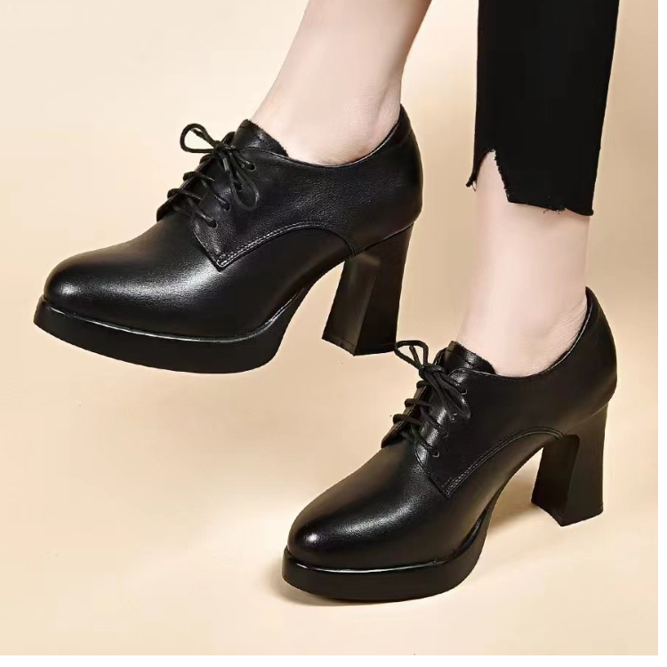 秋冬新款真皮粗跟百搭高跟防水台系带单鞋GMQ2023-2