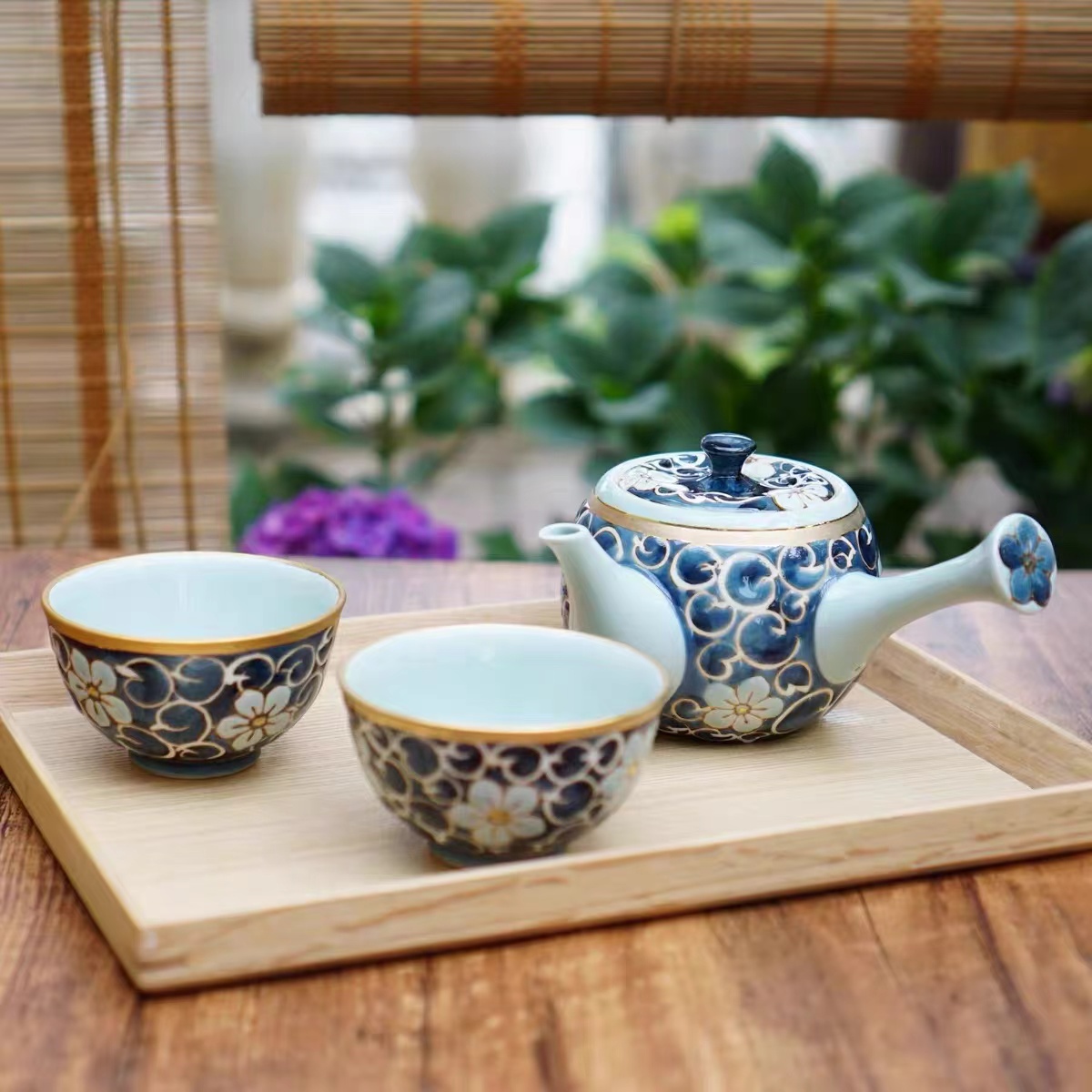 23728日本进口茶具3件套装侧把壶唐草描金杯子家用复古陶瓷手工