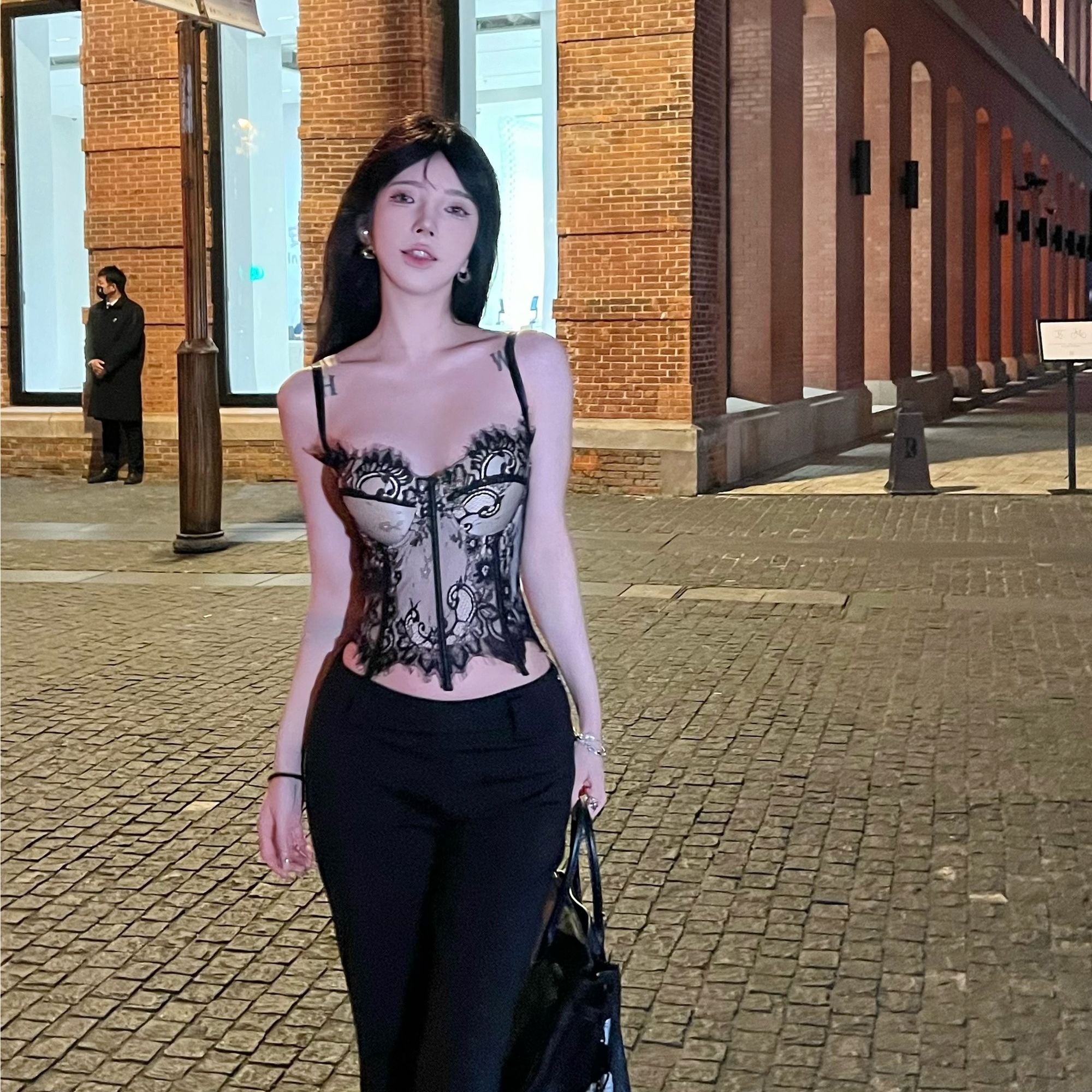 XIAOXUXU 性感双层蕾丝鱼骨胸衣带钢圈吊带背心