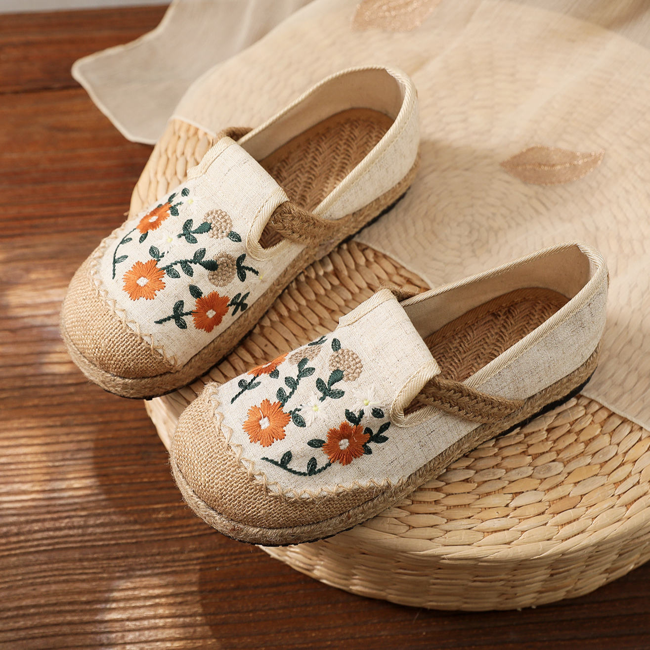 平底雏菊-汉元素绣花亚麻透气懒人鞋一脚蹬渔夫鞋居家学生女鞋