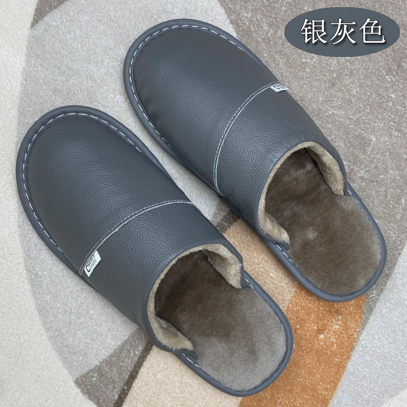 真皮居家室内防滑保暖男女拖鞋冬季加绒加厚软底牛皮情侣棉拖鞋