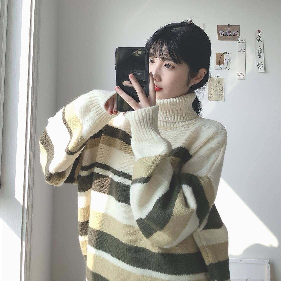 毛衣女慵懒风显瘦外穿冬厚条纹高领学生韩版宽松套头潮针织衫上衣
