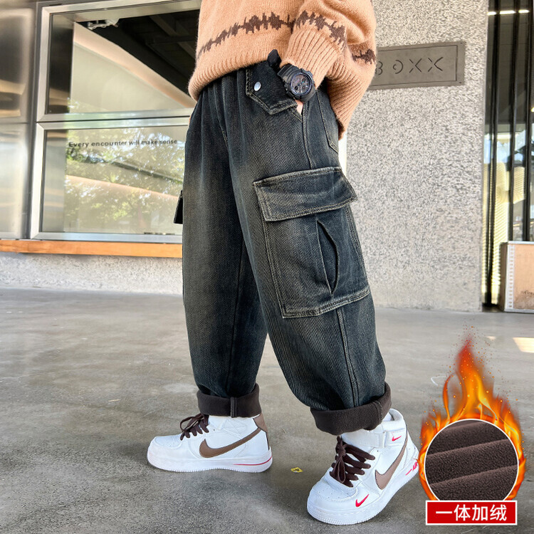 男童牛仔裤冬季加绒弹力2023新款儿童休闲裤子中大童洋气工装长裤