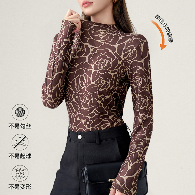 多彩羚3色水墨风印花新中式打底衫百搭女士秋季薄款修身柔软优雅