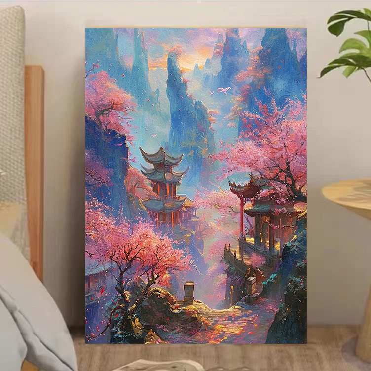 桃花坞十字绣风景油画粉色国风山峰客厅卧室新款浪漫棉线玄关柜台