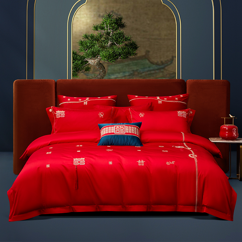 大红色喜庆素色绣花全棉贡缎床单六件套喜被中式婚庆喜恋之约