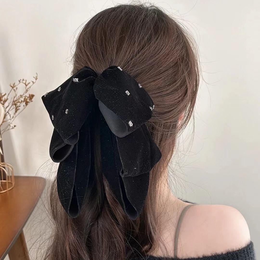 【星河】黑色丝绒法式细闪蝴蝶结抓夹女轻奢高级感小香风发夹头饰