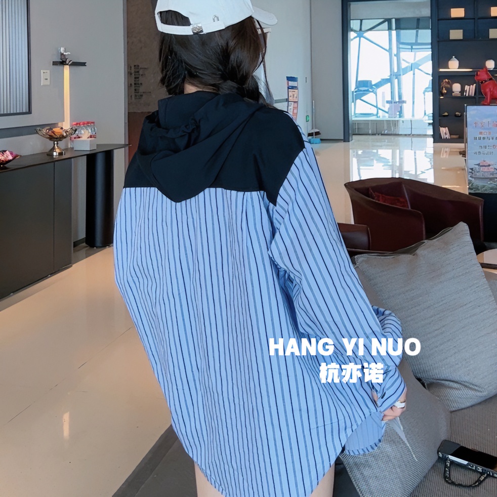 宽松设计感小众拼接连帽条纹秋季衬衣