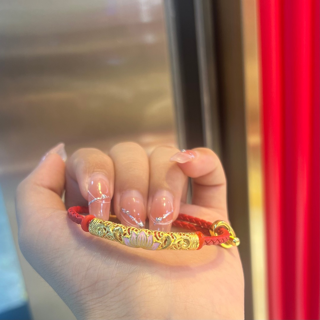 【水贝供应链】足金999 粉色莲花弯管手绳（送皮绳）