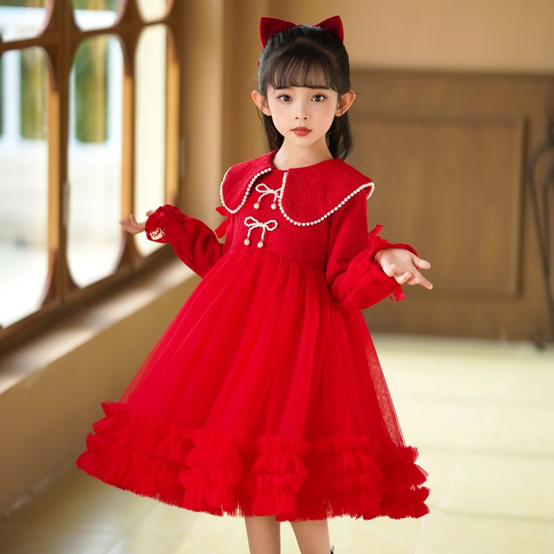 女童连衣裙2023秋冬洋气儿童加绒蕾丝公主裙子宝宝演出礼服