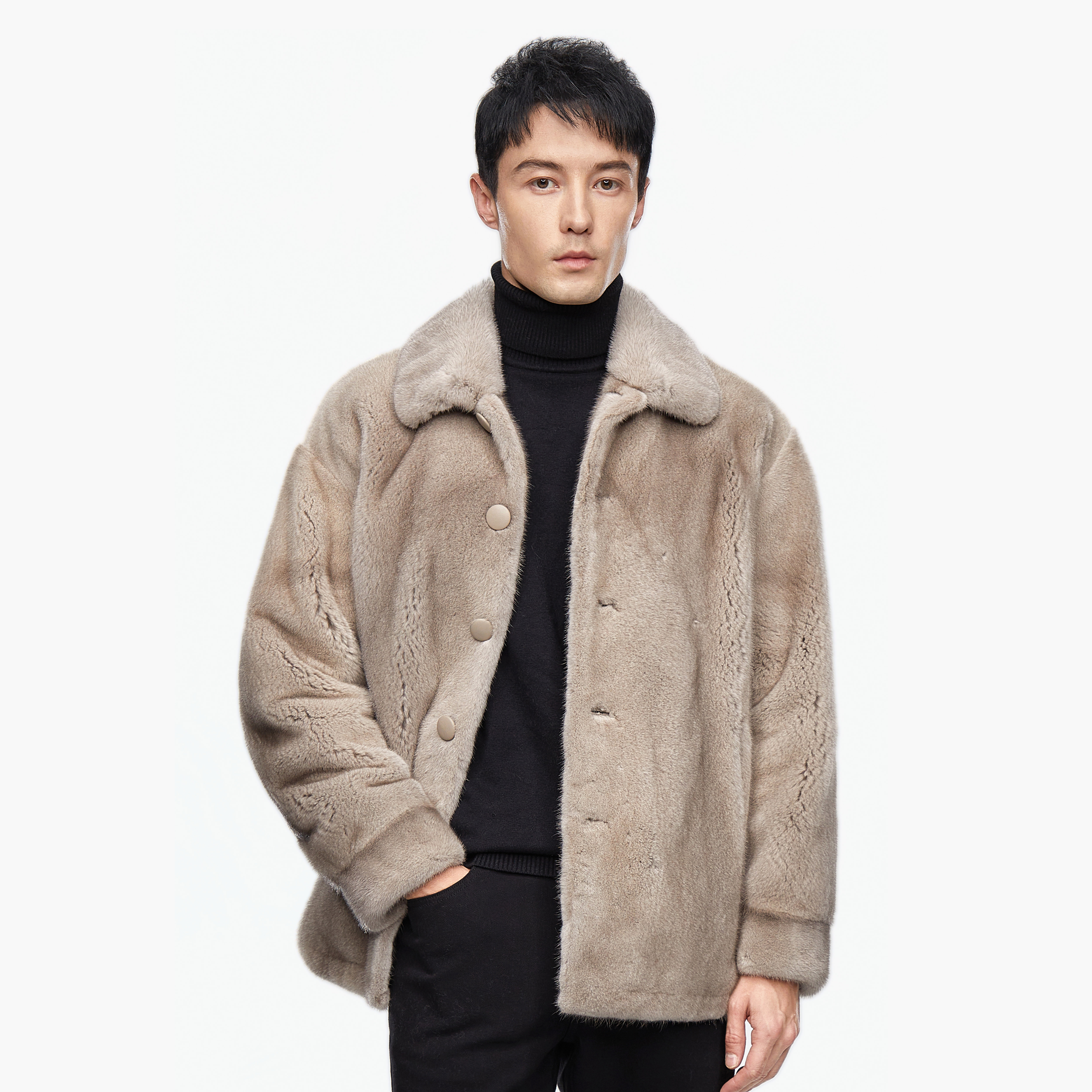 MALOBO23年冬季新款金标水貂系列银兰本色宽松衬衫款貂皮皮草大衣